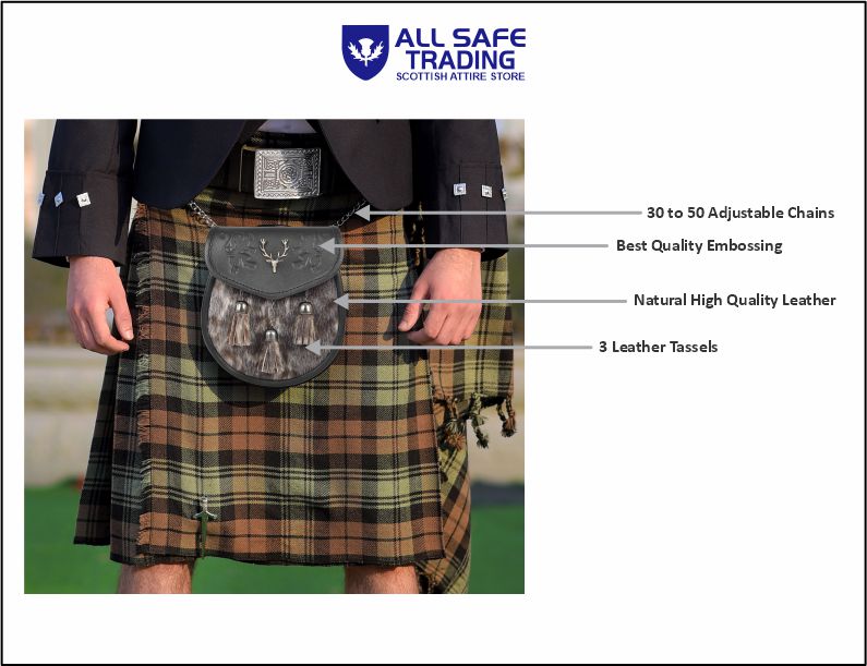 Premium Leather Sporran for Men - Ideal Kilt Accessories for Men, Scottish Kilt Sporran with Chain Belt Art # 9