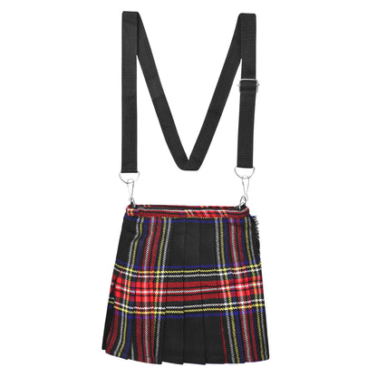 Traditional Scottish Women Tartan Bag Pleated Crossbody Purse - Adjustable Straps, Zip Closure Black Stewart Tartan