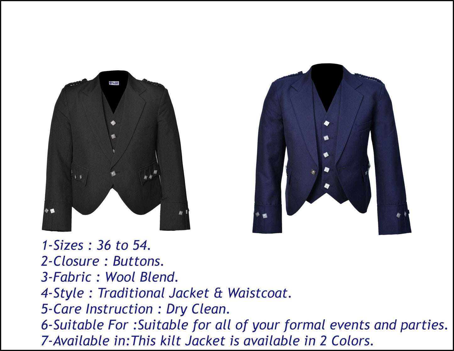 Scottish Blue Argyle Kilt Jacket With Waistcoat/Vest - Sizes 36"- 54"