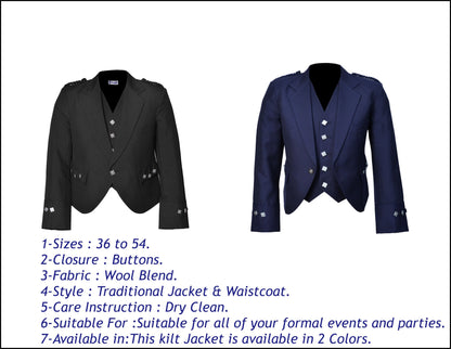 Scottish Blue Argyle Kilt Jacket With Waistcoat/Vest - Sizes 36"- 54"