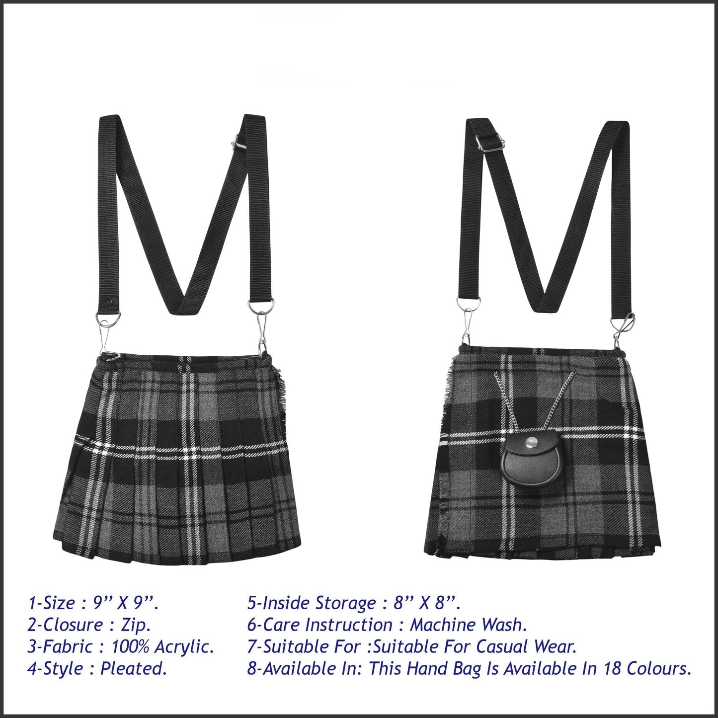 Traditional Scottish Women Tartan Bag Pleated Crossbody Purse - Adjustable Straps, Zip Closure Granite Tartan