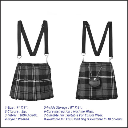 Traditional Scottish Women Tartan Bag Pleated Crossbody Purse - Adjustable Straps, Zip Closure Granite Tartan