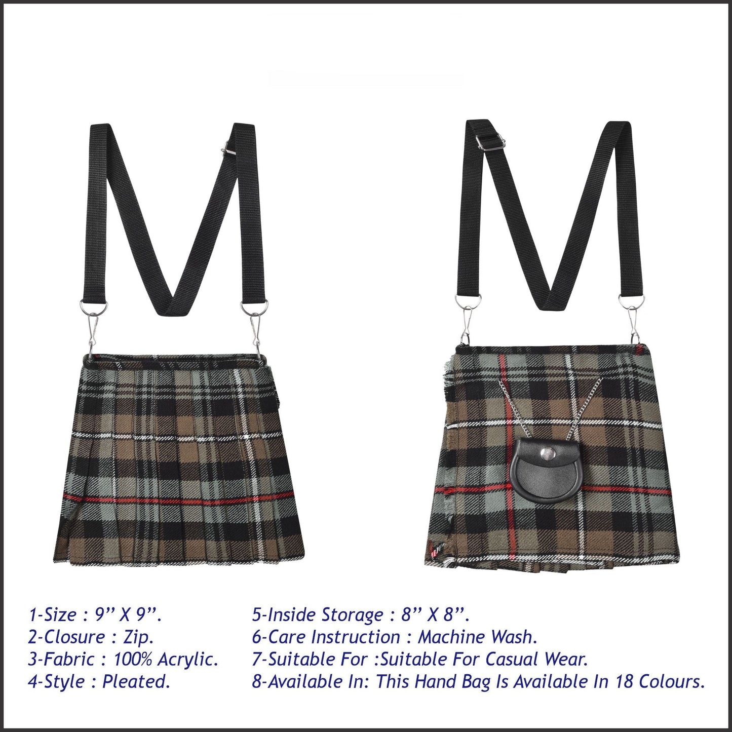 Traditional Scottish Women Tartan Bag Pleated Crossbody Purse - Adjustable Straps, Zip Closure Mackenzie Weathered Tartan