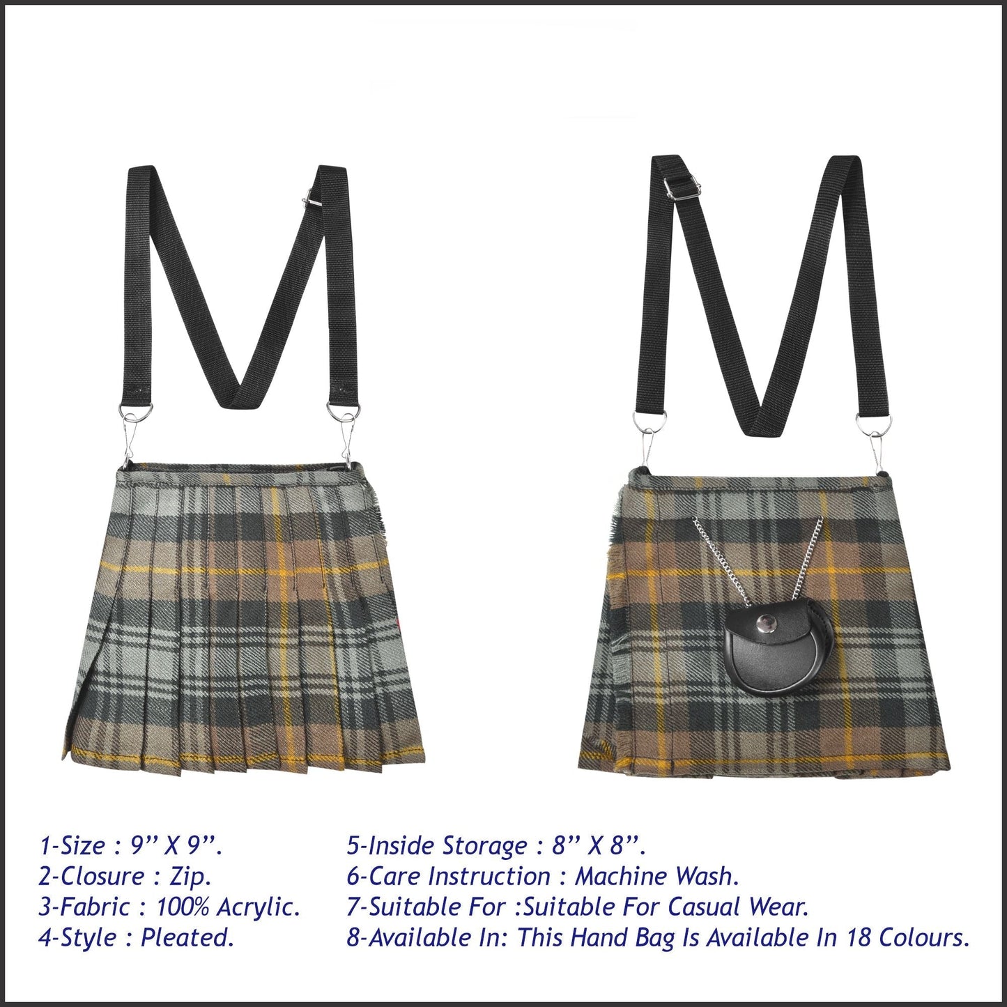 Traditional Scottish Women Tartan Bag Pleated Crossbody Purse - Adjustable Straps, Zip Closure Gordon Weathered Tartan