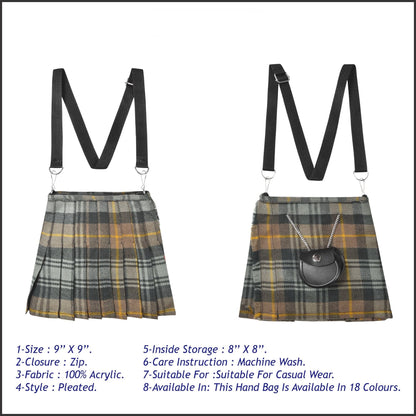 Traditional Scottish Women Tartan Bag Pleated Crossbody Purse - Adjustable Straps, Zip Closure Gordon Weathered Tartan