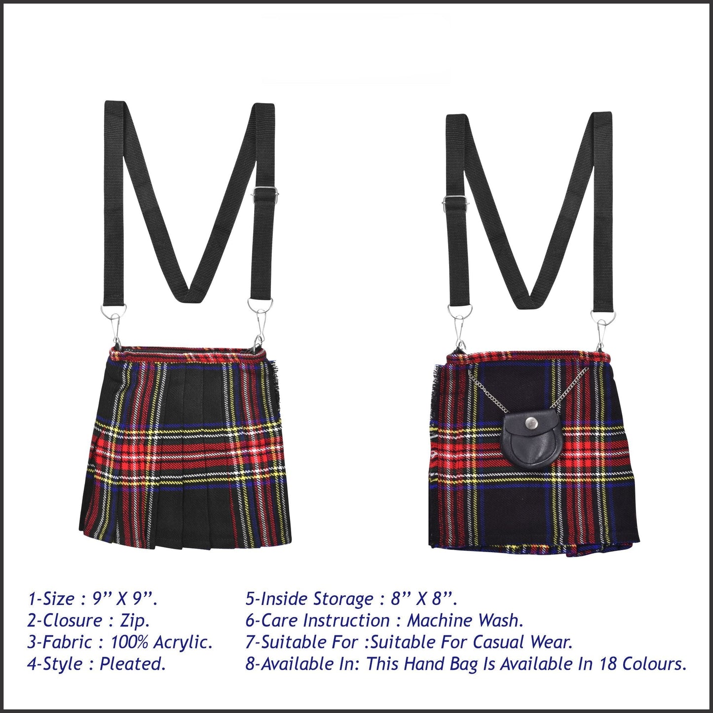 Traditional Scottish Women Tartan Bag Pleated Crossbody Purse - Adjustable Straps, Zip Closure Black Stewart Tartan