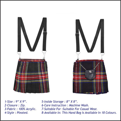 Traditional Scottish Women Tartan Bag Pleated Crossbody Purse - Adjustable Straps, Zip Closure Black Stewart Tartan