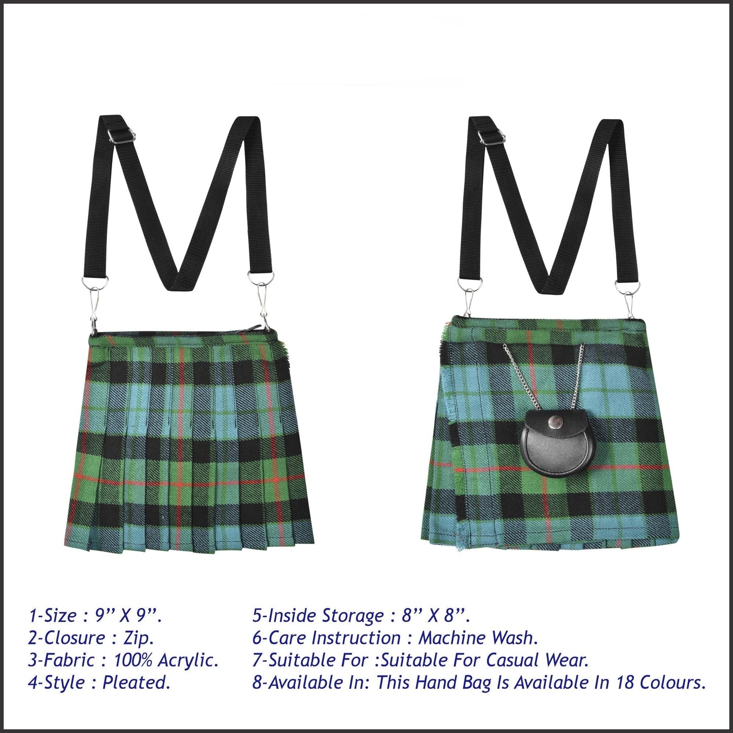 Traditional Scottish Women Tartan Bag Pleated Crossbody Purse - Adjustable Straps, Zip Closure Gunn Ancient Tartan