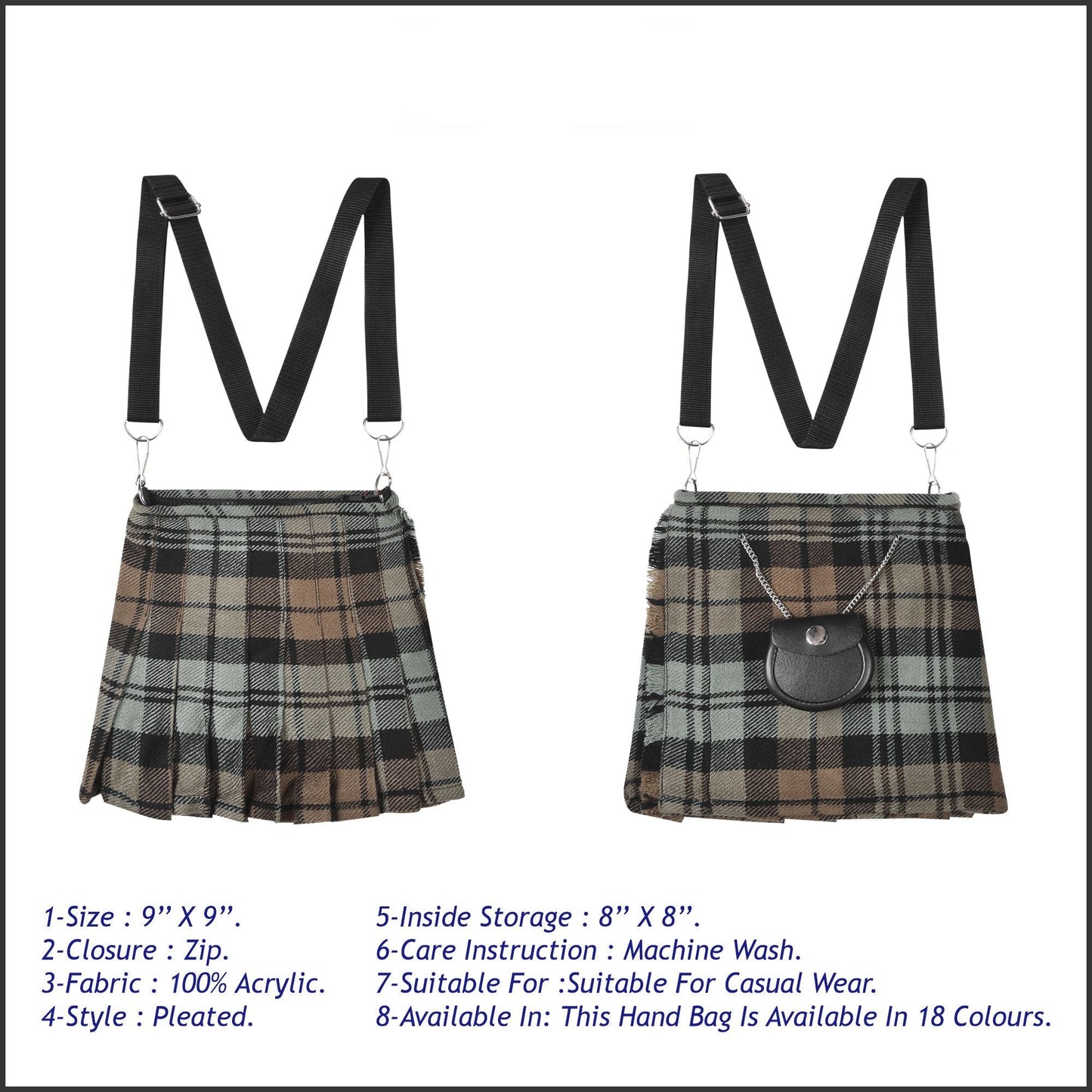 Traditional Scottish Women Tartan Bag Pleated Crossbody Purse - Adjustable Straps, Zip Closure Black Watch Weathered Tartan